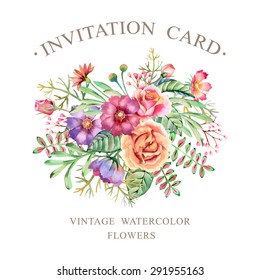 Hand drawn watercolor flowers. Template for flyers, posters, placards, invitation, wedding, greeting and save the date cards.