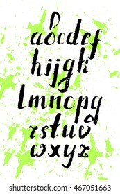 Hand drawn watercolor font, hand drawn alphabet on watercolor green stains