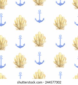 Hand drawn watercolor graphic ornament anchor and shell seamless pattern.