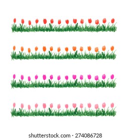 Hand drawn watercolor grass with flowers. Floral pattern isolated on white background. Spring red, magenta, orange and light pink tulips set. Summer fresh flowers.