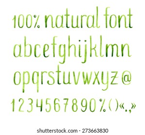 Hand drawn watercolor green natural font.