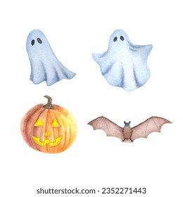 Hand drawn watercolor Halloween set. Watercolor jack o lantern, watercolor ghost, bat.