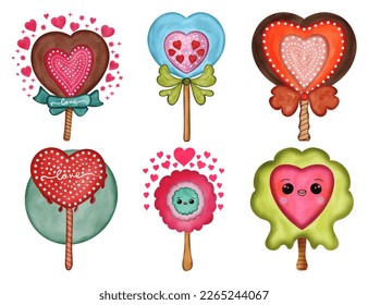 Colores de agua dibujados a mano de caramelos de corazón lollipops Ilustración