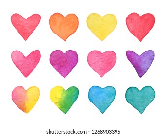 Hand drawn watercolor heart set. Rainbow hearts collection isolated on white background. Romantic design element for wedding invitation, Valentines day card. Vector illustration.