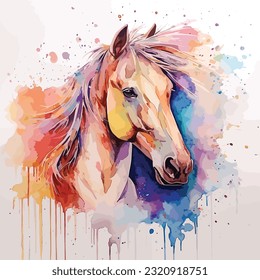 Hand drawn Watercolor horse painting, watercolor horse isolated on white background with splash painting, colorful horse, vector horse illustration, blue and red and purple color
