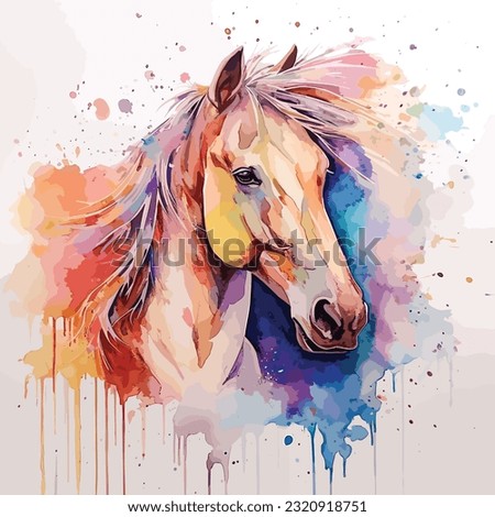Hand drawn Watercolor horse painting, watercolor horse isolated on white background with splash painting, colorful horse, vector horse illustration, blue and red and purple color
