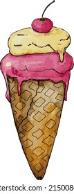 Hand drawn watercolor ice cream cone. Summer sweet food, guilty pleasure