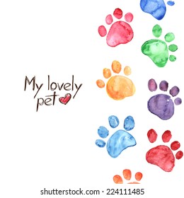 Hand drawn watercolor illustration with animal footprints