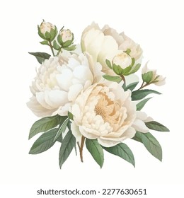 Hand drawn watercolor illustration of beautiful white Peony. Vector, Isolated on white background. Element for design of invitations, movie posters, fabrics and other objects.