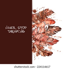 Hand drawn watercolor illustration with bird feathers 