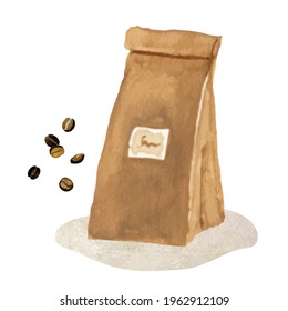 Hand drawn watercolor illustration of coffee beans and paper bag