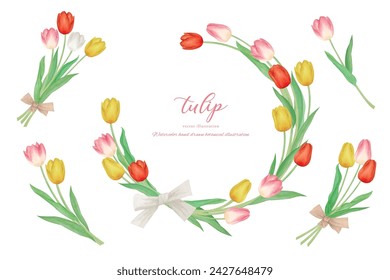 Hand drawn watercolor illustration of colorful tulips