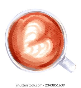 Hand drawn watercolor illustration with cup of coffee, hot beverage.