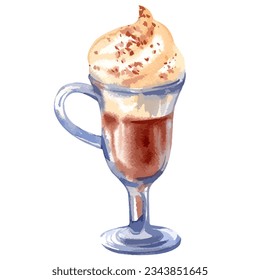 Hand drawn watercolor illustration with cup of coffee with cream isolated on white background.