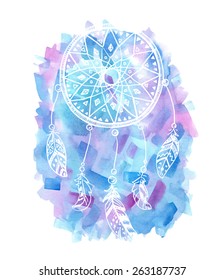 Hand Drawn Watercolor Illustration Of A Dreamcatcher.