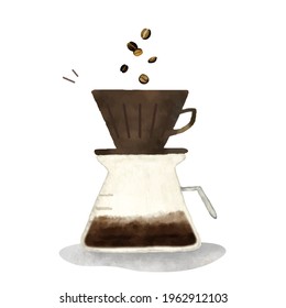 Hand drawn watercolor illustration of drip coffee