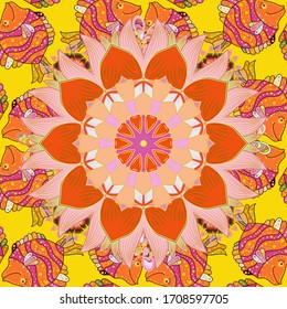 Hand drawn. Watercolor illustration. Flowers on pink, orange and yellow colors. Seamless pattern with flowers.