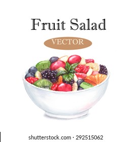 Hand drawn watercolor illustration of the food: fruit salad in the plate, isolated on the white background