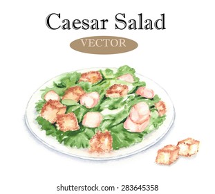 Hand Drawn Watercolor Illustration Of Fresh Tasty Caesar Salad On The Plate With Romaine Lettuce, Chicken, Parmesan Cheese And Croutons. Isolated On The White Background, Vector 