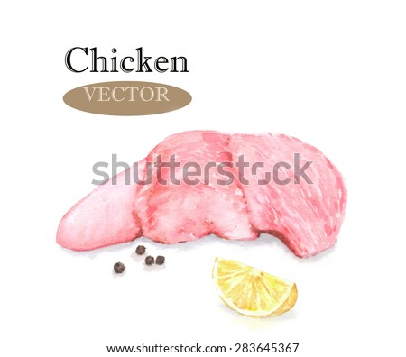 Hand drawn watercolor illustration of fresh raw chicken with some pepper seed and lemon slice. Isolated on the white background, vector 