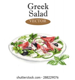 Hand drawn watercolor illustration of Greek salad on the plate isolated on the white background in vector.