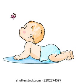 Hand drawn watercolor illustration of little baby in diaper. Child looks at butterfly in doodle style.