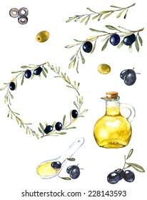 Dibujo a mano de acuarela con aceitunas. Conjunto de elementos. Aceitunas, aceite de oliva, ramas y guirnaldas en el fondo oscuro