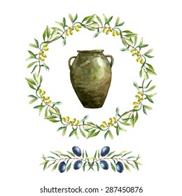 Hand drawn watercolor illustration with olives. Set of the elements: clay jug, olive branch and wreath on the white background.