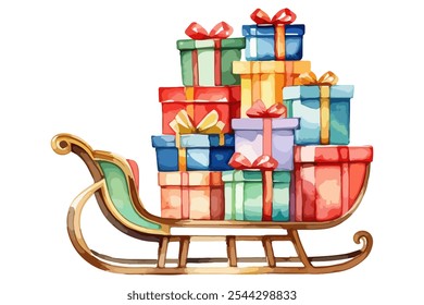 Hand drawn watercolor illustration of Santa's sleigh full of gifts, set against isolated on a white background. Perfect for holiday and Christmas themed designs vector design.