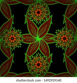 Hand drawn. Watercolor illustration. Seamless pattern with flowers. Flowers on black, green and red colors.