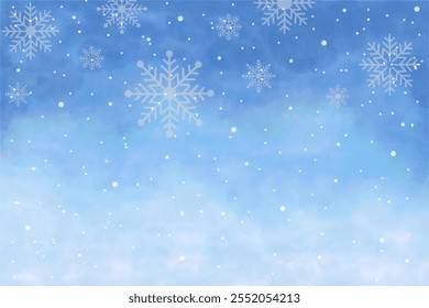 Hand drawn watercolor illustration of snow and falling snowflakes background, winter sky, cold weather for Christmas and New Year background decoration.