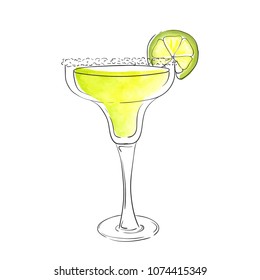 Hand drawn watercolor illustration of summer fresh cocktail Margarita. Isolated on the white background, in vector