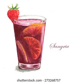 Hand drawn watercolor illustration of summer fresh drinking Sangria. Isolated on the white background, in vector