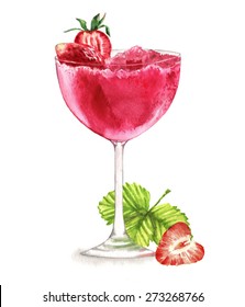 Hand drawn watercolor illustration of summer fresh cocktail with strawberries. Isolated on the white background, in vector