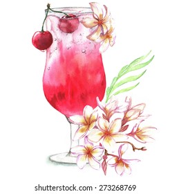 Hand drawn watercolor illustration of summer fresh cocktail with cherry and floral decoration. Isolated on the white background, in vector