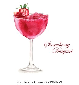 Hand drawn watercolor illustration of summer fresh Strawberry Daiquiri cocktail. Isolated on the white background, in vector