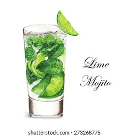 Hand drawn watercolor illustration of summer fresh cocktail Mojito. Isolated on the white background, in vector