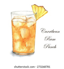 Hand drawn watercolor illustration of summer fresh cocktail Carribean Rum Punch. Isolated on the white background, in vector