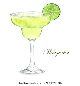 Hand drawn watercolor illustration of summer fresh cocktail Margarita. Isolated on the white background, in vector
