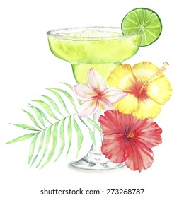 Hand drawn watercolor illustration of summer fresh cocktail with floral decoration and lime. Isolated on the white background, in vector