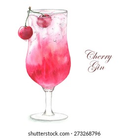 Hand drawn watercolor illustration of summer fresh cocktail Cherry Gin. Isolated on the white background, in vector