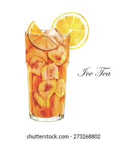 Hand drawn watercolor illustration of summer Ice Tea with lemon. Isolated on the white background, in vector