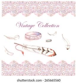 Hand drawn watercolor illustration with vintage boho elements - seamless lace borders, feather, bracelet 
