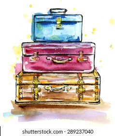 Hand drawn watercolor illustration of Vintage suitcases in sketch style