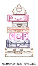 Hand drawn watercolor illustration of Vintage suitcases in sketch style