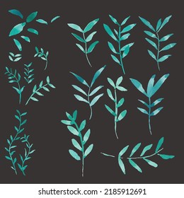 Hand drawn watercolor illustrations. Vector Set of Green leaves.