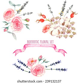 Hand drawn watercolor isolated romantic floral compositions with pink roses, leaves and other flowers on the white background