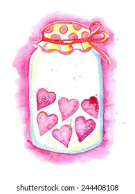 Hand drawn watercolor jar full of hearts. Lovely Valentine`s day illustration.