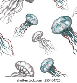 Hand drawn watercolor  jellyfish. Seamless pattern. Vector. 