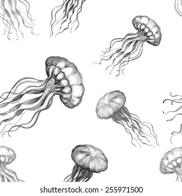 Hand drawn watercolor jellyfish. Seamless pattern. Vector.